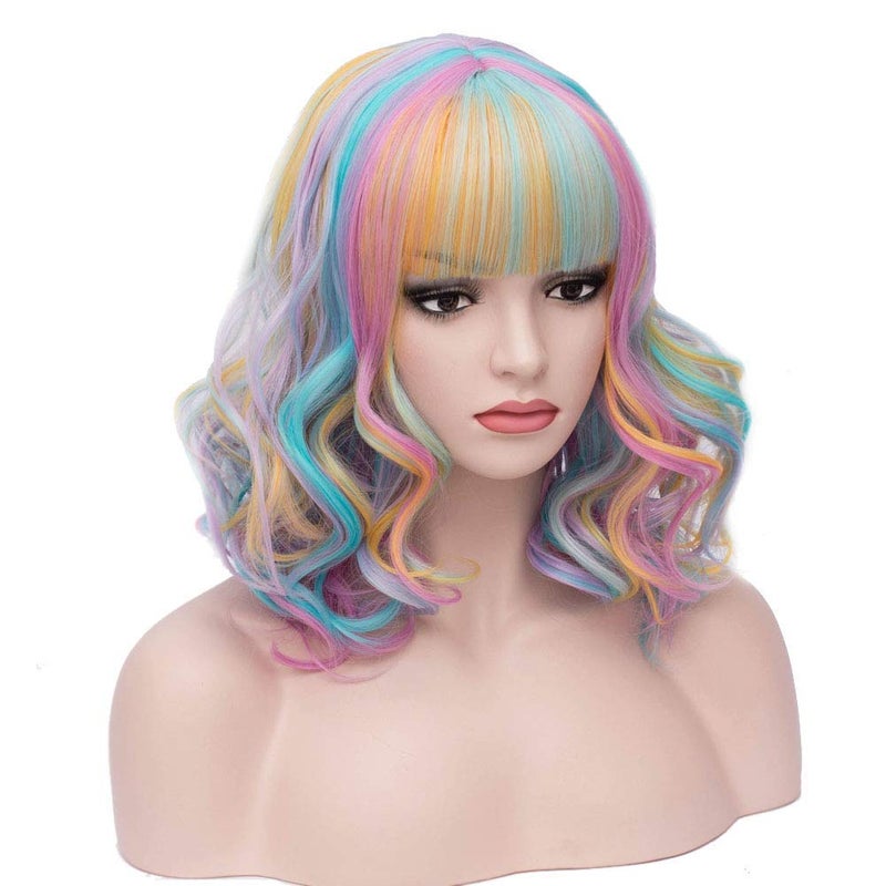 BERON Rainbow Wig Short Curly Wig Women Girl's Synthetic Wigs Rainbow Wigs with Bangs Hairnet Included - Image 2